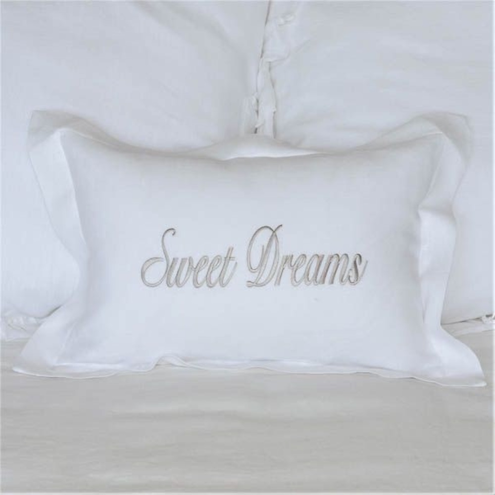 Crown Linen "Sweet Dreams" Embroidered Decorative Pillow - White/Ruffle